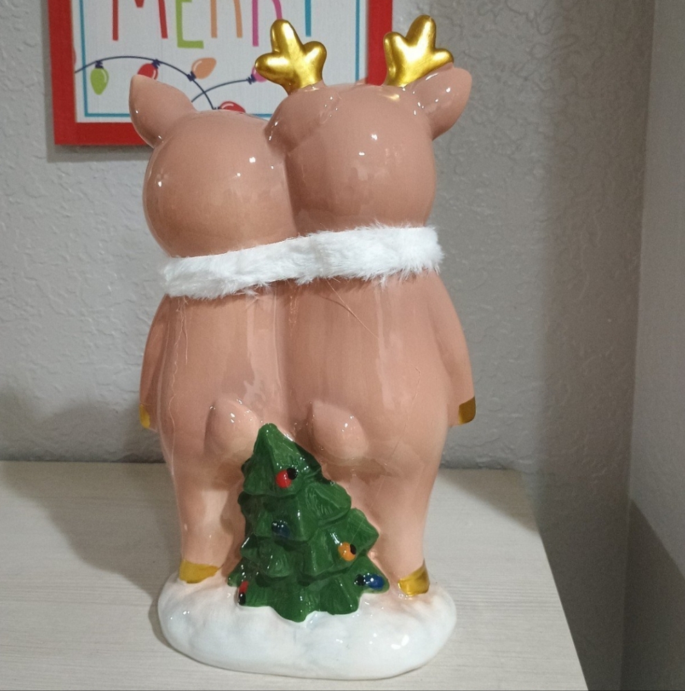 12" Precious Ceramic Deer Reindeer Couple Faux Fur Christmas Tree New - Picture 4 of 5